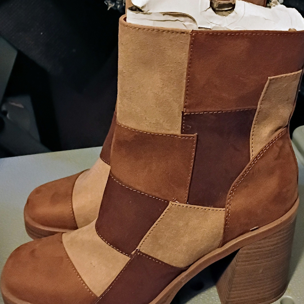 COPY - Patchwork Suede Ankle Boots - Brown and Tan